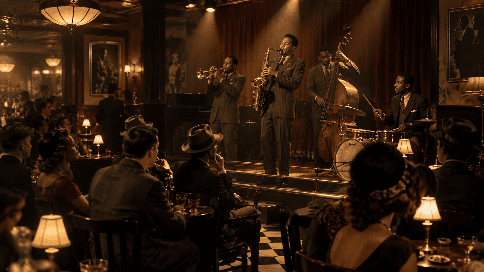 1940s bebop jazz club with saxophone, trumpet, double bass, drums, elegant patrons and film noir atmosphere