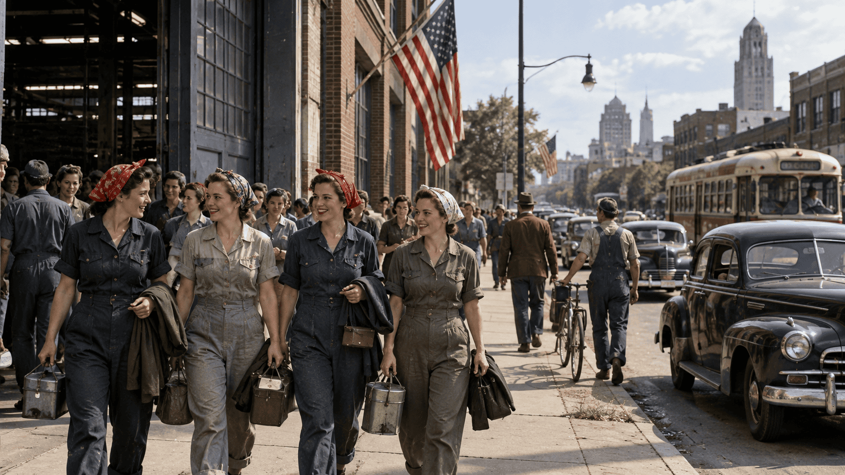 1940s daytime home front scene with women factory workers, vintage cars, streetcar and wartime American city industry
