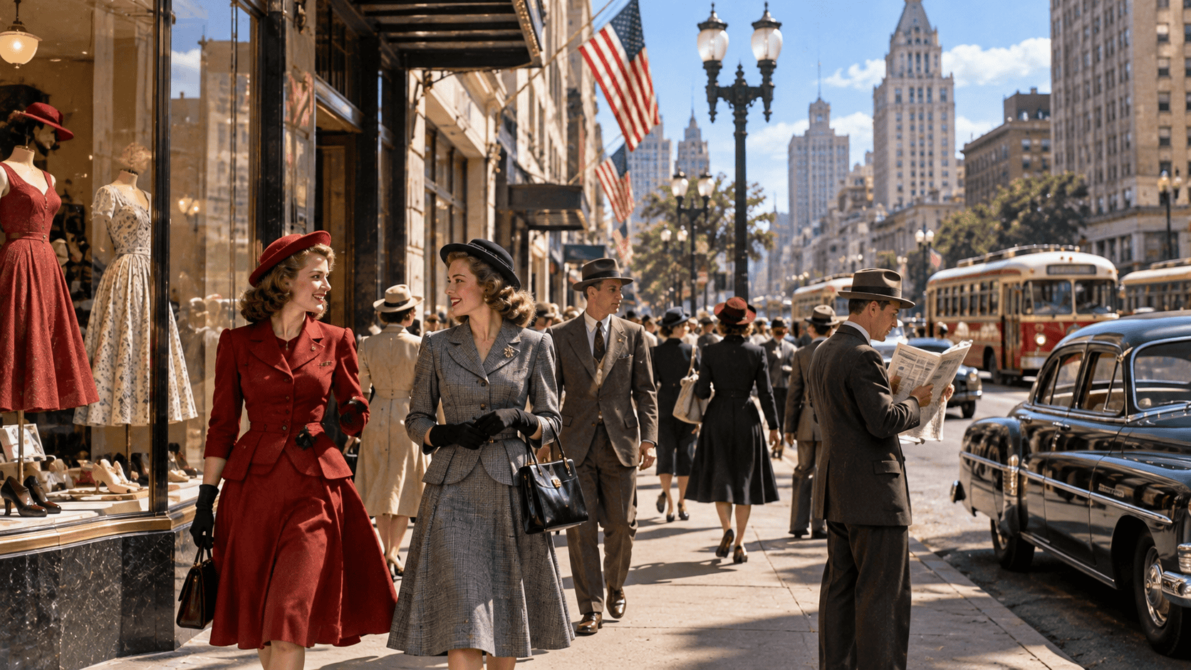 late 1940s daytime city street with New Look fashion, department store windows, streetcars and classic postwar cars